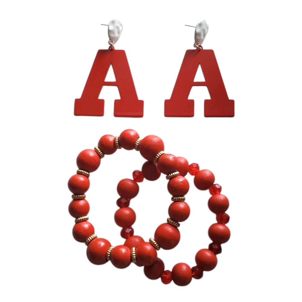 Red Initial Earrings and Bracelet Set